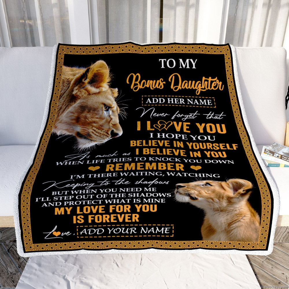 Personalized Gifts For Bonus Daughter Blanket From Stepmother Lion My Love For You Is Forever Stepdaughter Birthday Gifts Christmas Fleece Blanket | siriusteestore