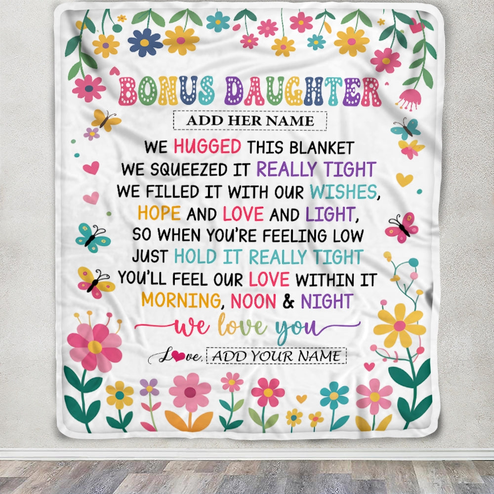 Personalized Gifts For Bonus Daughter From Mom Dad Blanket We Hugged This Blanket Floral Presents Birthday Gift For Stepdaughter Gifts Custom Fleece Blanket | siriusteestore