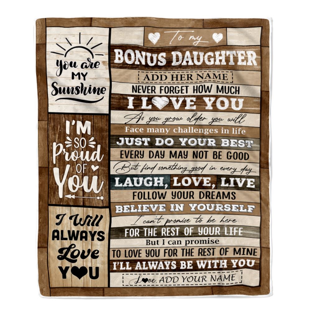 Personalized Gifts For Bonus Daughter From Step Mom Blanket Wood Love You Mothers Day Stepdaughter Gifts Birthday Graduation Christmas Customized Fleece Blanket | siriusteestore