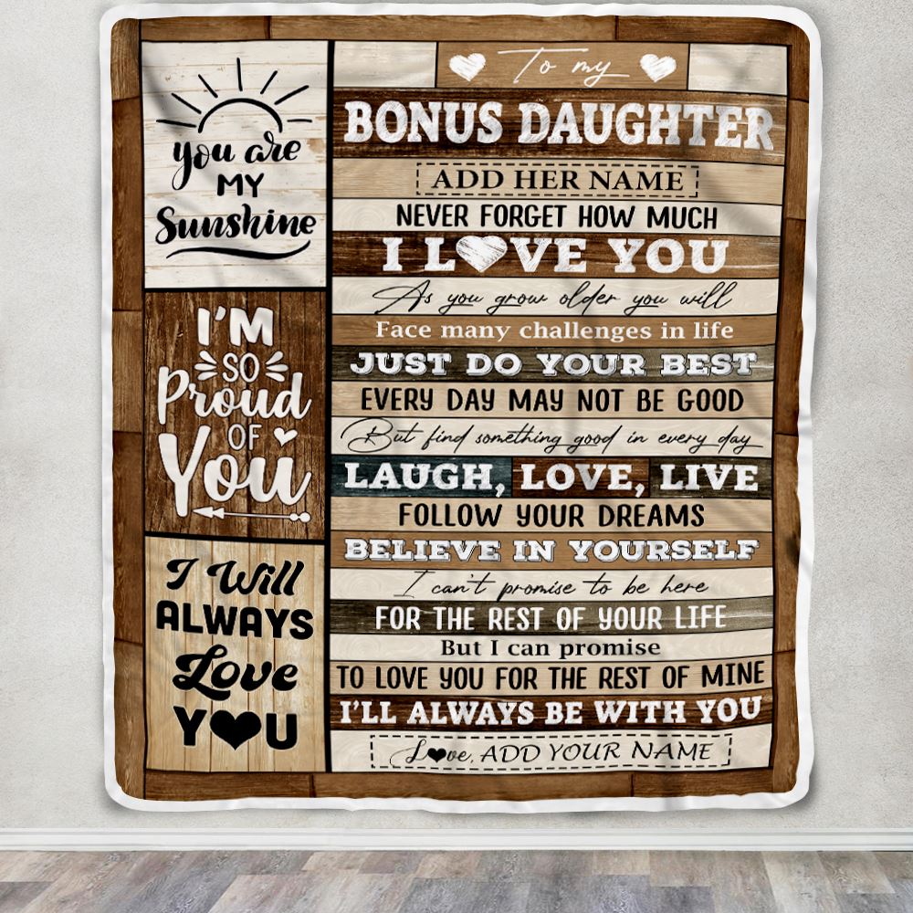 Personalized Gifts For Bonus Daughter From Step Mom Blanket Wood Love You Mothers Day Stepdaughter Gifts Birthday Graduation Christmas Customized Fleece Blanket | siriusteestore