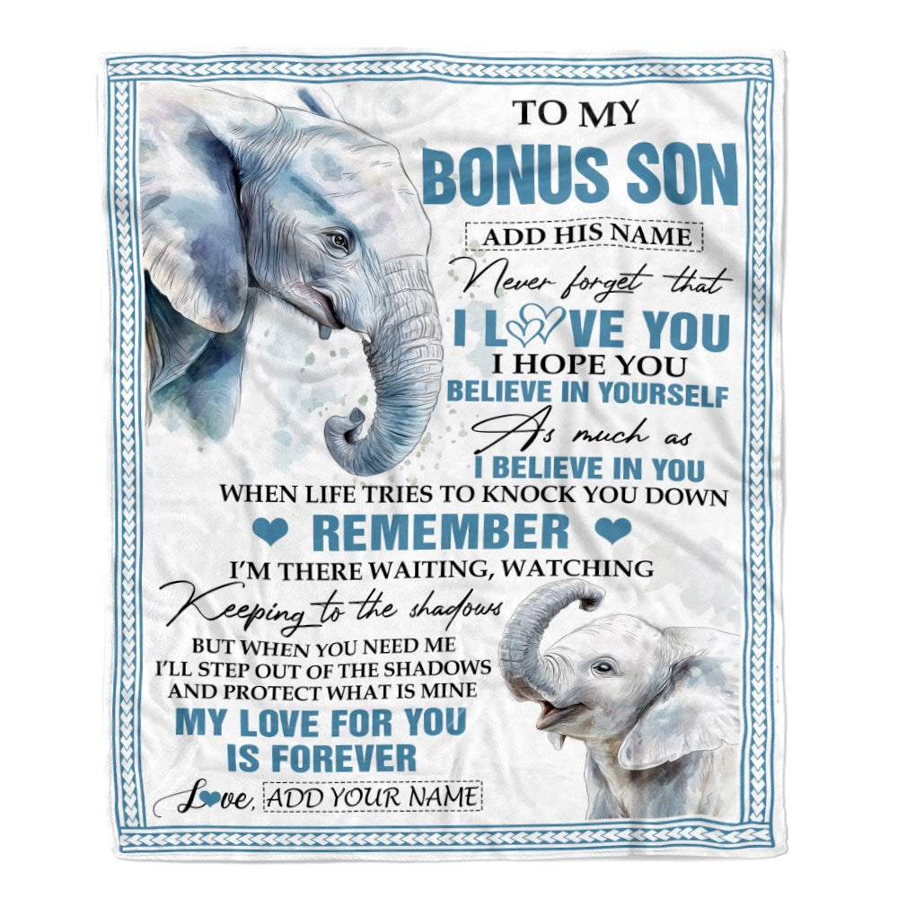 Personalized Gifts For Bonus Son Blanket From Stepmother Stepdad Elephant My Love For You Is Forever Stepson Birthday Gifts Christmas Custom Fleece Blanket | siriusteestore