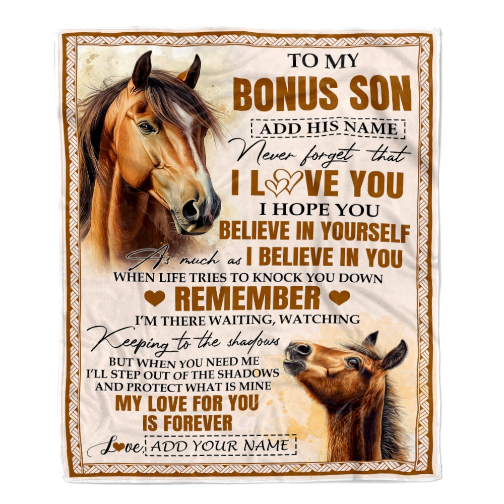 Personalized Gifts For Bonus Son Blanket From Stepmother Stepdad Horse My Love For You Is Forever Stepson Birthday Gifts Christmas Custom Fleece Blanket | siriusteestore