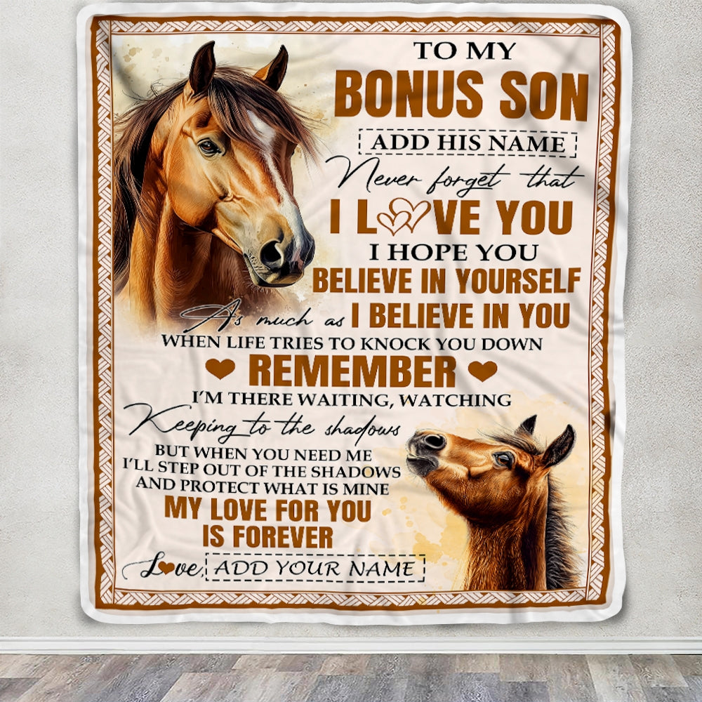 Personalized Gifts For Bonus Son Blanket From Stepmother Stepdad Horse My Love For You Is Forever Stepson Birthday Gifts Christmas Custom Fleece Blanket | siriusteestore