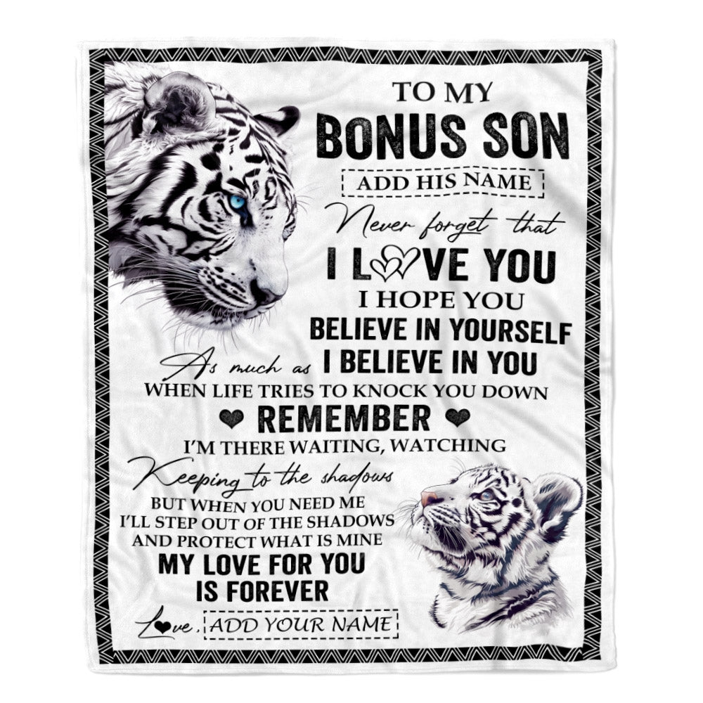 Personalized Gifts For Bonus Son Blanket From Stepmother Stepdad White Tiger My Love For You Is Forever Stepson Birthday Gifts Christmas Custom Fleece Blanket | siriusteestore