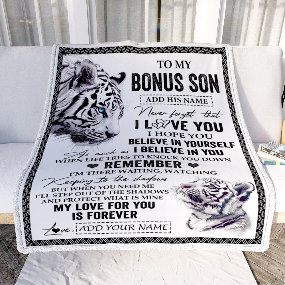 Personalized Gifts For Bonus Son Blanket From Stepmother Stepdad White Tiger My Love For You Is Forever Stepson Birthday Gifts Christmas Custom Fleece Blanket | siriusteestore