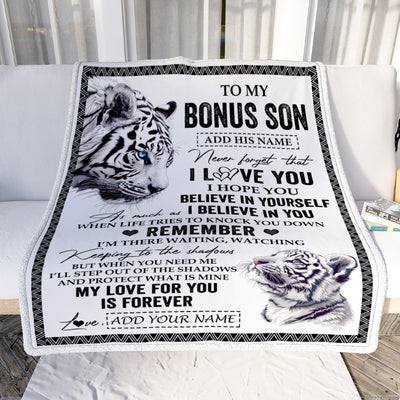 Personalized Gifts For Bonus Son Blanket From Stepmother Stepdad White Tiger My Love For You Is Forever Stepson Birthday Gifts Christmas Custom Fleece Blanket | siriusteestore