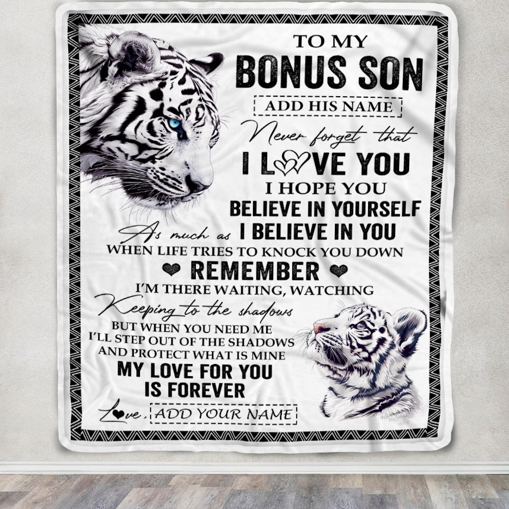 Personalized Gifts For Bonus Son Blanket From Stepmother Stepdad White Tiger My Love For You Is Forever Stepson Birthday Gifts Christmas Custom Fleece Blanket | siriusteestore