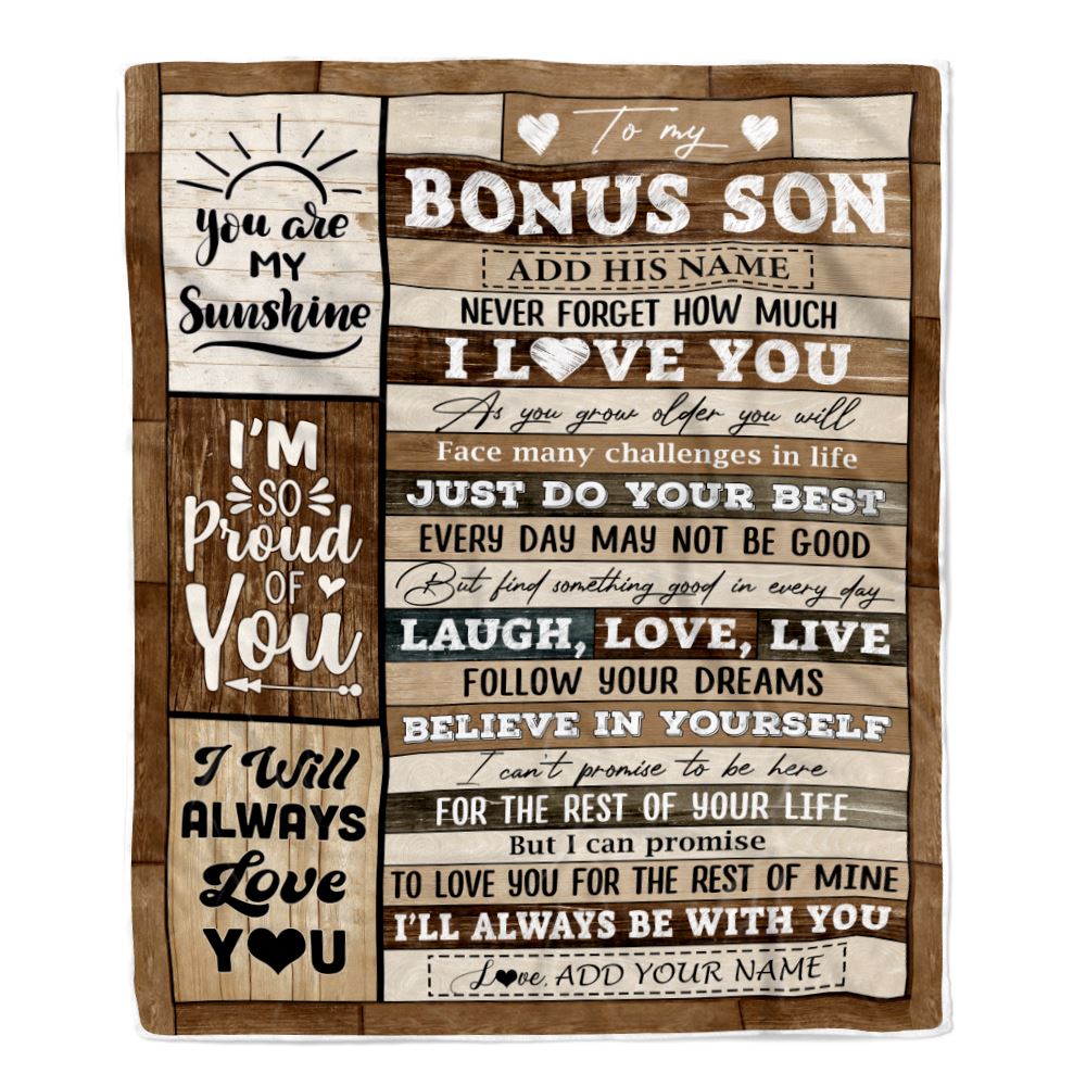 Personalized Gifts For Bonus Son From Stepmom Stepdad Blanket Wood Love You Fathers Day Stepson Gifts Birthday Graduation Christmas Customized Fleece Blanket | siriusteestore