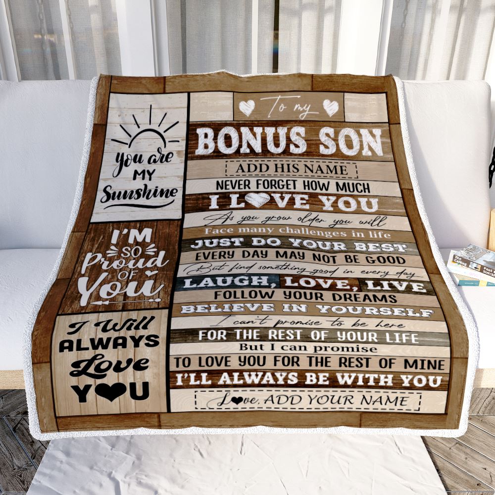 Personalized Gifts For Bonus Son From Stepmom Stepdad Blanket Wood Love You Fathers Day Stepson Gifts Birthday Graduation Christmas Customized Fleece Blanket | siriusteestore