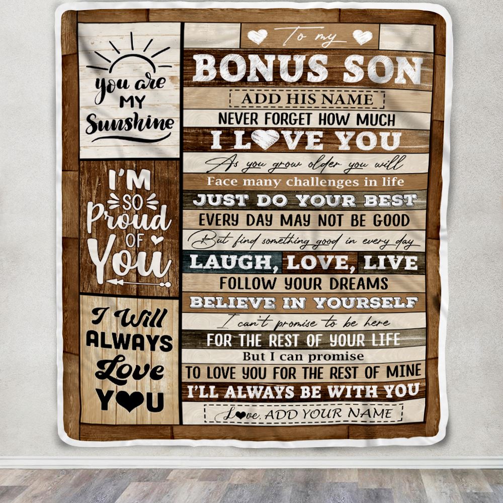 Personalized Gifts For Bonus Son From Stepmom Stepdad Blanket Wood Love You Fathers Day Stepson Gifts Birthday Graduation Christmas Customized Fleece Blanket | siriusteestore