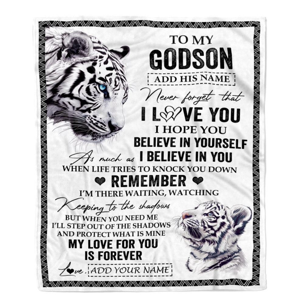 Personalized Gifts For Godson Blanket From Godfather White Tiger My Love For You Is Forever Godson Birthday Gifts Graduation Christmas Custom Fleece Blanket | siriusteestore