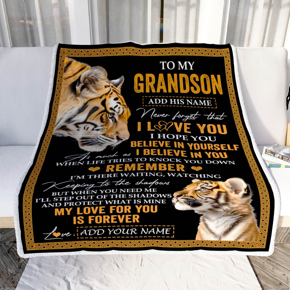 Personalized Gifts For Grandson Blanket From Grandpa Grandma Tiger My Love For You Is Forever Grandson Birthday Gifts Graduation Christmas Fleece Blanket | siriusteestore