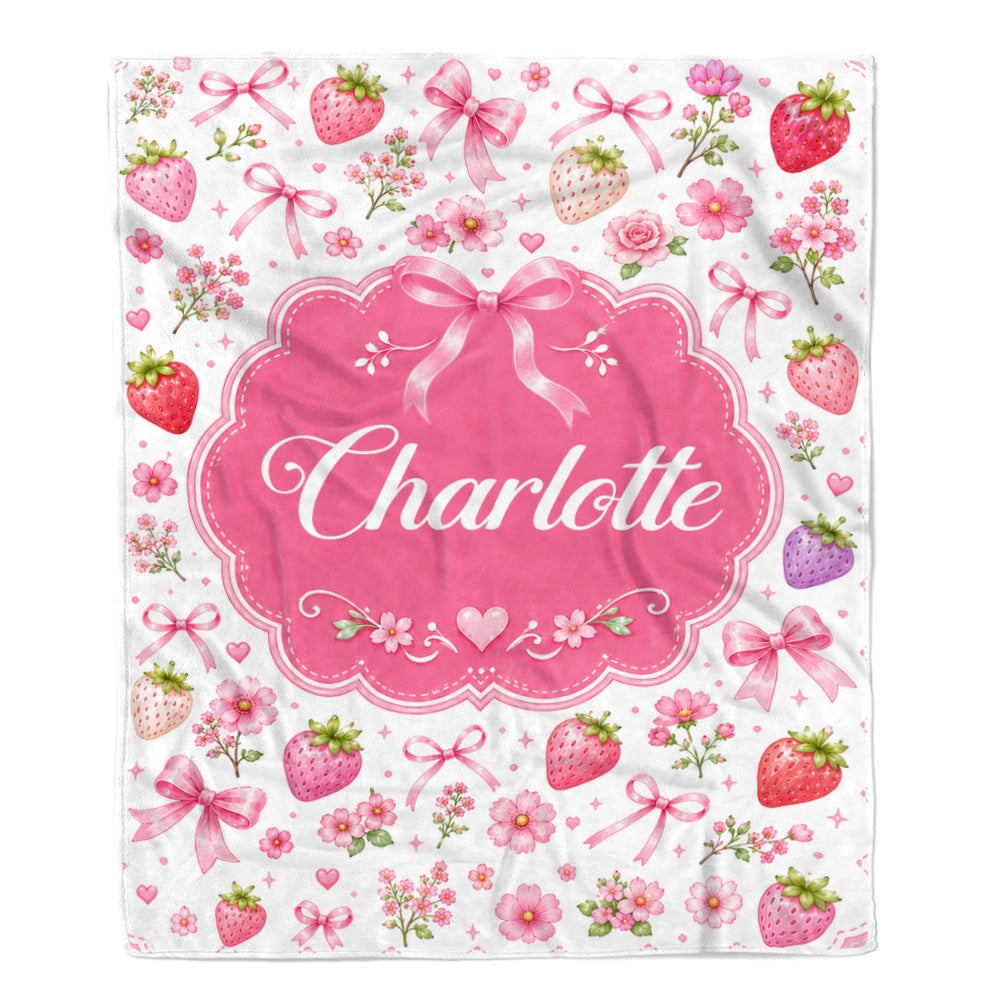 Personalized Girl Strawberry Coquette Bow Flowers Blanket Custom Name Baby Shower Pink Floral Throw For Kids Room Decor Birthday Gift Daughter Fleece Blanket | siriusteestore