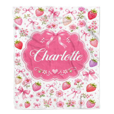 Personalized Girl Strawberry Coquette Bow Flowers Blanket Custom Name Baby Shower Pink Floral Throw For Kids Room Decor Birthday Gift Daughter Fleece Blanket | siriusteestore