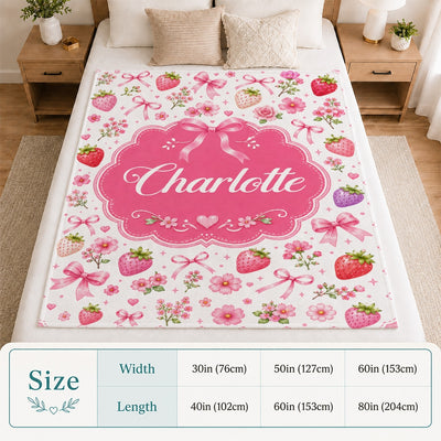 Personalized Girl Strawberry Coquette Bow Flowers Blanket Custom Name Baby Shower Pink Floral Throw For Kids Room Decor Birthday Gift Daughter Fleece Blanket | siriusteestore