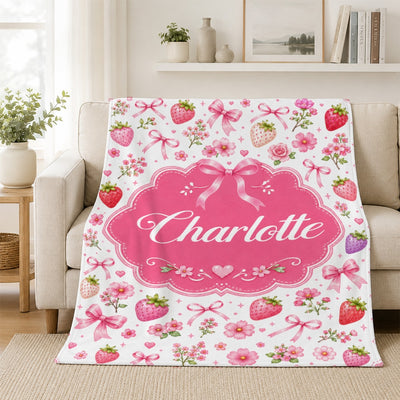 Personalized Girl Strawberry Coquette Bow Flowers Blanket Custom Name Baby Shower Pink Floral Throw For Kids Room Decor Birthday Gift Daughter Fleece Blanket | siriusteestore