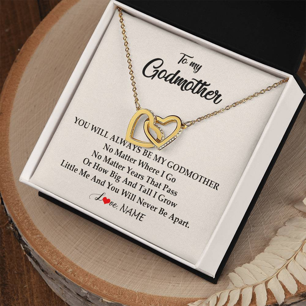 Interlocking Hearts Necklace 18K Yellow Gold Finish | Personalized Godmother Necklace From Goddaughter Niece You Will Always Be My Godmother Birthday Mothers Day Christmas Customized Gift Box Message Card | siriusteestore