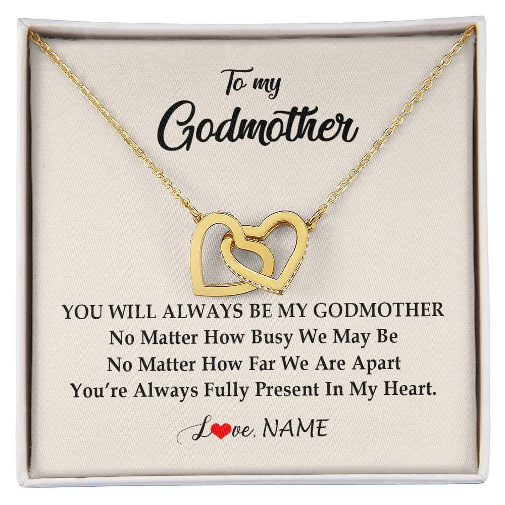 Interlocking Hearts Necklace 18K Yellow Gold Finish | Personalized Godmother Necklace From Goddaughter Niece You're Always In My Heart Godmother Birthday Mothers Day Christmas Customized Gift Box Message Card | siriusteestore