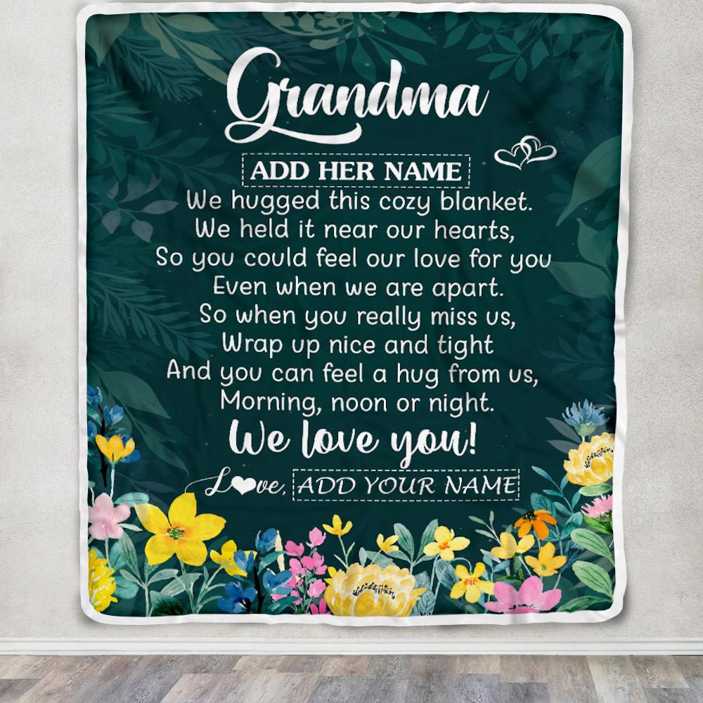 Personalized Grandma Blanket From Granddaughter Grandson Floral Green We Love You Grandma Birthday Gifts Mothers Day Christmas Customized Fleece Blanket | siriusteestore