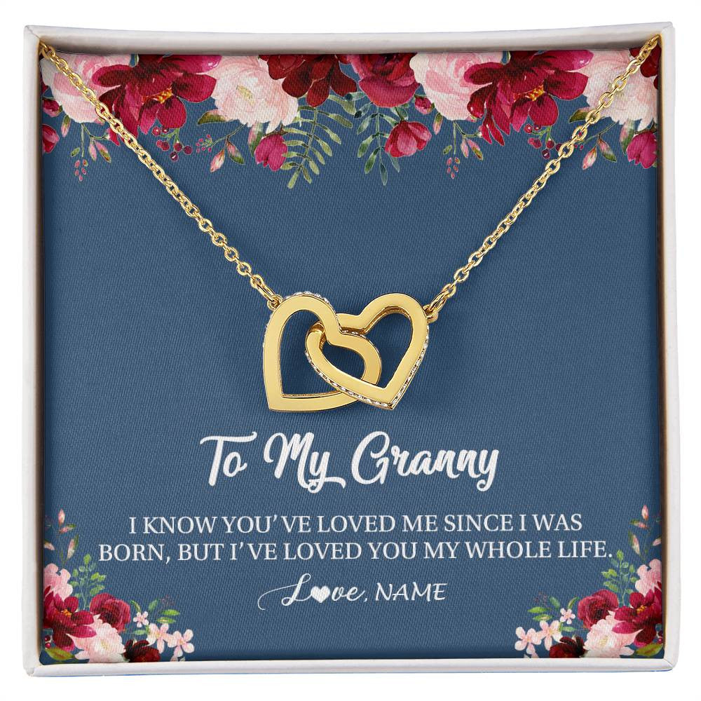 Interlocking Hearts Necklace 18K Yellow Gold Finish | Personalized Granny Necklace From Grandkids Granddaughter Grandson I've Loved You My Whole Life Floral Granny Birthday Mothers Day Christmas Customized Message Card | siriusteestore
