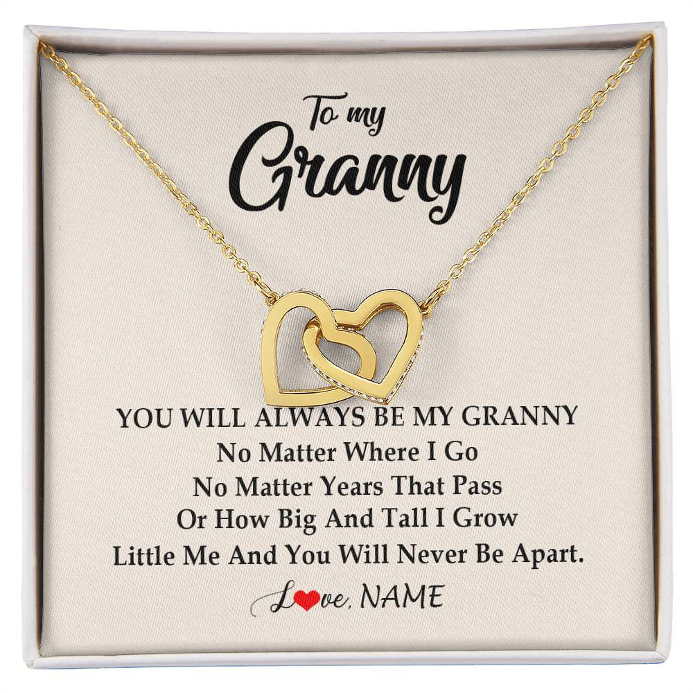 Interlocking Hearts Necklace 18K Yellow Gold Finish | Personalized Granny Necklace From Grandkids Granddaughter Grandson You Will Always Be My Granny Birthday Mothers Day Christmas Customized Gift Box Message Card | siriusteestore