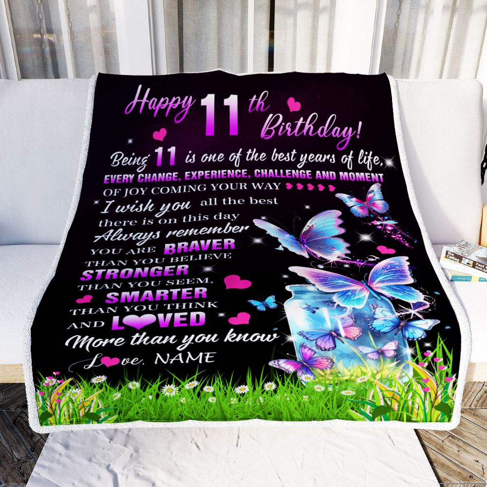 Personalized Happy 11th Birthday Decorations Blanket Butterfly Sweet Eleven Sweet 11 Gifts For Girls Teen Birthday 11 Year Old Customized Fleece Blanket | siriusteestore