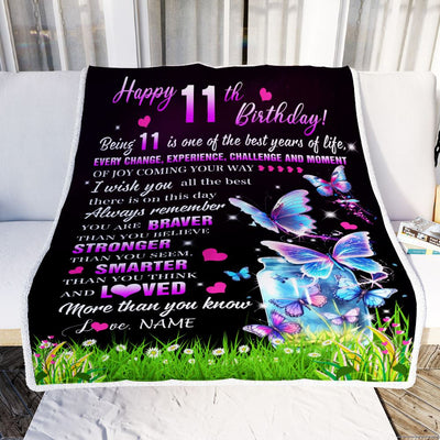 Personalized Happy 11th Birthday Decorations Blanket Butterfly Sweet Eleven Sweet 11 Gifts For Girls Teen Birthday 11 Year Old Customized Fleece Blanket | siriusteestore
