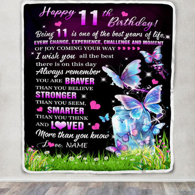 Personalized Happy 11th Birthday Decorations Blanket Butterfly Sweet Eleven Sweet 11 Gifts For Girls Teen Birthday 11 Year Old Customized Fleece Blanket | siriusteestore