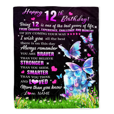 Personalized Happy 12th Birthday Decorations Blanket Butterfly Sweet Twelve Sweet 12 Gifts For Girls Teen Birthday 12 Year Old Customized Fleece Blanket | siriusteestore