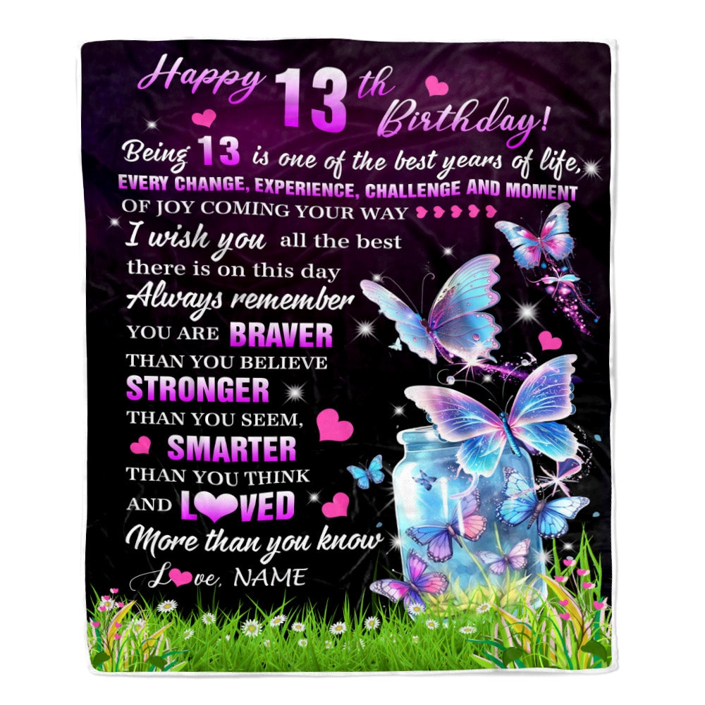 Personalized Happy 13th Birthday Decorations Blanket Butterfly Sweet Thirteen Sweet 13 Gifts For Girls Teen Birthday 13 Year Old Customized Fleece Blanket | siriusteestore
