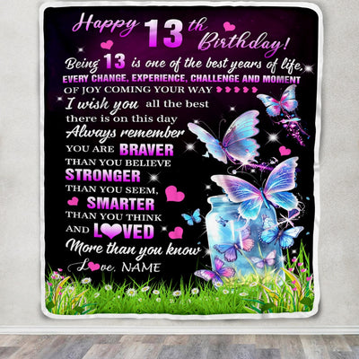 Personalized Happy 13th Birthday Decorations Blanket Butterfly Sweet Thirteen Sweet 13 Gifts For Girls Teen Birthday 13 Year Old Customized Fleece Blanket | siriusteestore