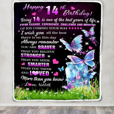 Personalized Happy 14th Birthday Decorations Blanket Butterfly Sweet Fourteen Sweet 14 Gifts For Girls Teen Birthday 14 Year Old Customized Fleece Blanket | siriusteestore