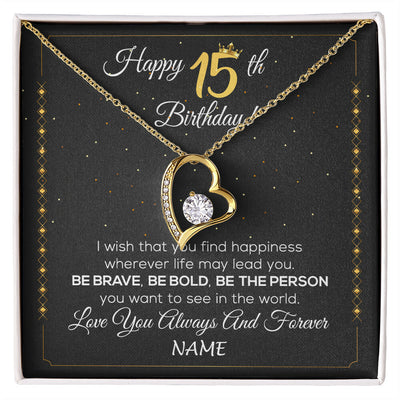 Forever Love Necklace 18K Yellow Gold Finish | 1 | Personalized Happy 15Th Birthday Necklace For Her Girls Daughter Niece Sister Goddaughter Granddaughter 15 Year Old Birthday Customized Gift Box Message Card | siriusteestore