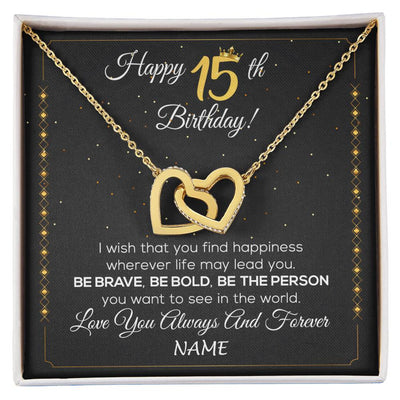 Interlocking Hearts Necklace 18K Yellow Gold Finish | 1 | Personalized Happy 15Th Birthday Necklace For Her Girls Daughter Niece Sister Goddaughter Granddaughter 15 Year Old Birthday Customized Gift Box Message Card | siriusteestore