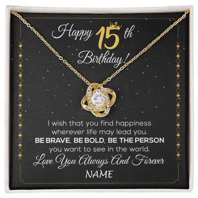 Love Knot Necklace 18K Yellow Gold Finish | 1 | Personalized Happy 15Th Birthday Necklace For Her Girls Daughter Niece Sister Goddaughter Granddaughter 15 Year Old Birthday Customized Gift Box Message Card | siriusteestore