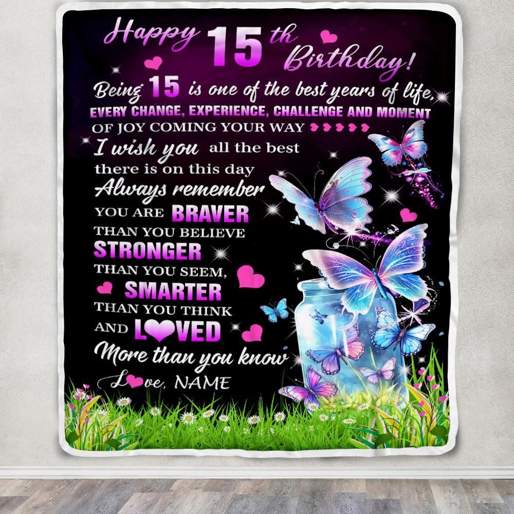 Personalized Happy 15th Birthday Decorations Blanket Butterfly Sweet Fifteen Sweet 15 Gifts For Girls Teen Birthday 15 Year Old Customized Fleece Blanket | siriusteestore