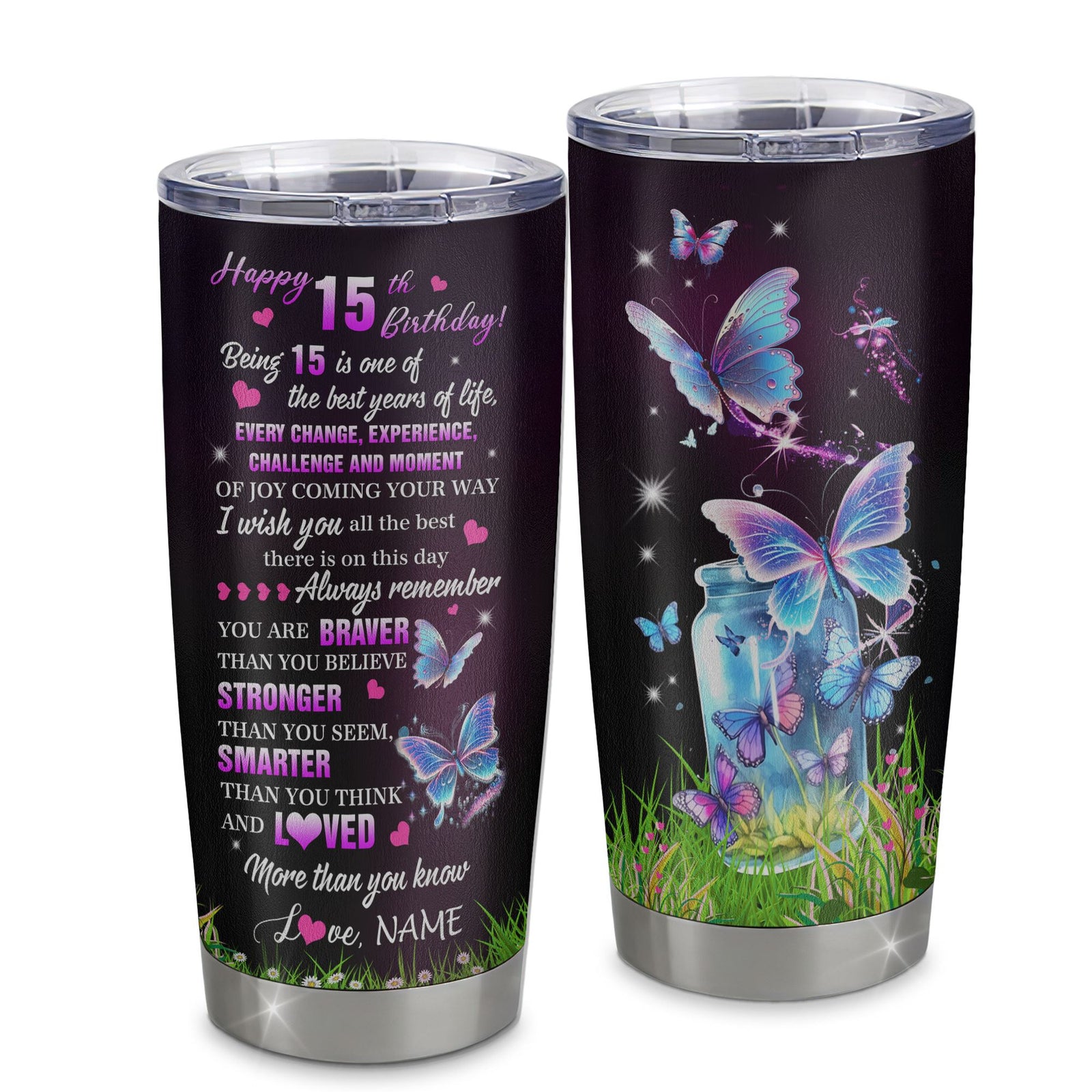 Personalized Happy 15th Birthday Decorations Tumbler Butterfly Sweet Twenty Sweet 15 Gifts For Girls Teen Birthday 15 Year Old Custom Stainless Steel Cup Travel Mug | siriusteestore