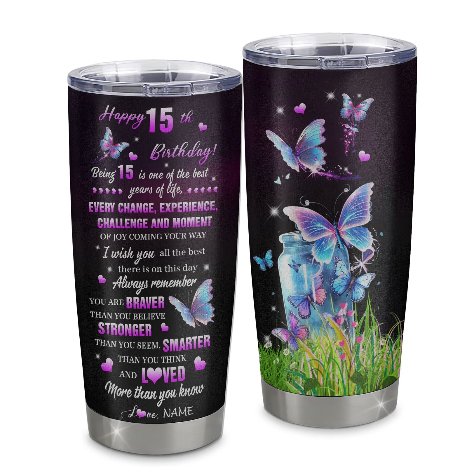 Personalized Happy 15th Birthday Decorations Tumbler Stainless Steel Cup Butterfly Sweet Fifteen Sweet 15 Gifts For Girls Teen Birthday 15 Year Old Travel Mug | siriusteestore