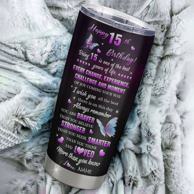 Personalized Happy 15th Birthday Decorations Tumbler Stainless Steel Cup Butterfly Sweet Fifteen Sweet 15 Gifts For Girls Teen Birthday 15 Year Old Travel Mug | siriusteestore