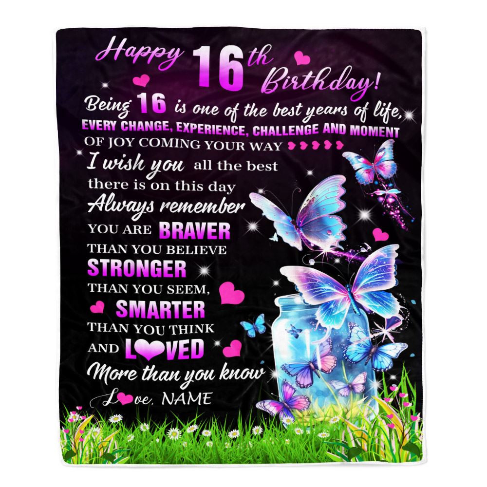 Personalized Happy 16th Birthday Decorations Blanket Butterfly Sweet Sixteen Sweet 16 Gifts For Girls Teen Birthday 16 Year Old Customized Fleece Blanket | siriusteestore