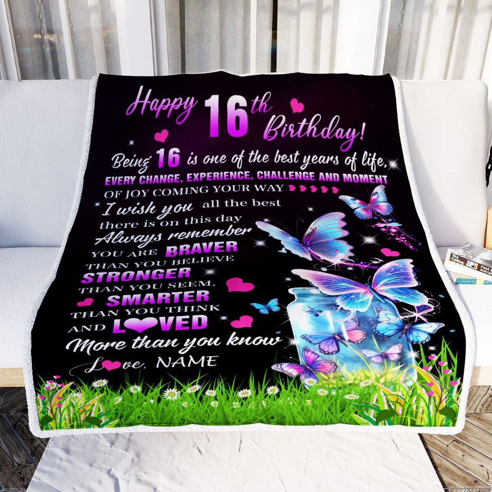 Personalized Happy 16th Birthday Decorations Blanket Butterfly Sweet Sixteen Sweet 16 Gifts For Girls Teen Birthday 16 Year Old Customized Fleece Blanket | siriusteestore