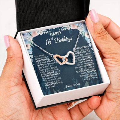 Interlocking Hearts Necklace Stainless Steel & Rose Gold Finish | 2 | Personalized Happy 16th Birthday Gifts Necklace Sweet Fifteen 16th Year Old Girl Birthday Gift Ideas For Her Daughter Niece Jewelry Gift Box Message Card | siriusteestore