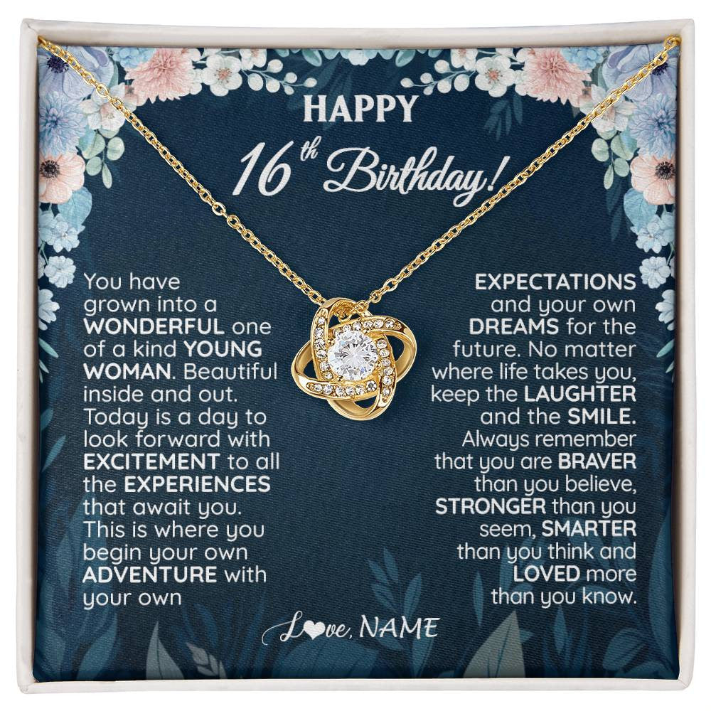 Love Knot Necklace 18K Yellow Gold Finish | 1 | Personalized Happy 16th Birthday Gifts Necklace Sweet Fifteen 16th Year Old Girl Birthday Gift Ideas For Her Daughter Niece Jewelry Gift Box Message Card | siriusteestore