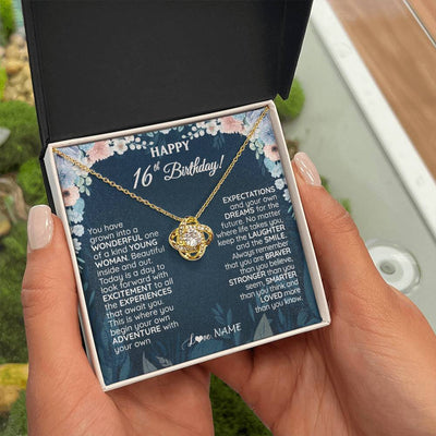 Love Knot Necklace 18K Yellow Gold Finish | 2 | Personalized Happy 16th Birthday Gifts Necklace Sweet Fifteen 16th Year Old Girl Birthday Gift Ideas For Her Daughter Niece Jewelry Gift Box Message Card | siriusteestore