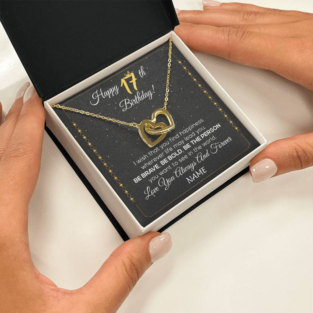 Interlocking Hearts Necklace 18K Yellow Gold Finish | 2 | Personalized Happy 17Th Birthday Necklace For Her Girls Daughter Niece Sister Goddaughter Granddaughter 17 Year Old Birthday Customized Gift Box Message Card | siriusteestore