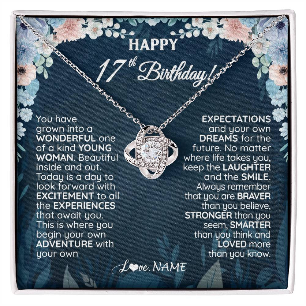 Love Knot Necklace 14K White Gold Finish | 1 | Personalized Happy 17th Birthday Gifts Necklace Sweet Fifteen 17th Year Old Girl Birthday Gift Ideas For Her Daughter Niece Jewelry Gift Box Message Card | siriusteestore