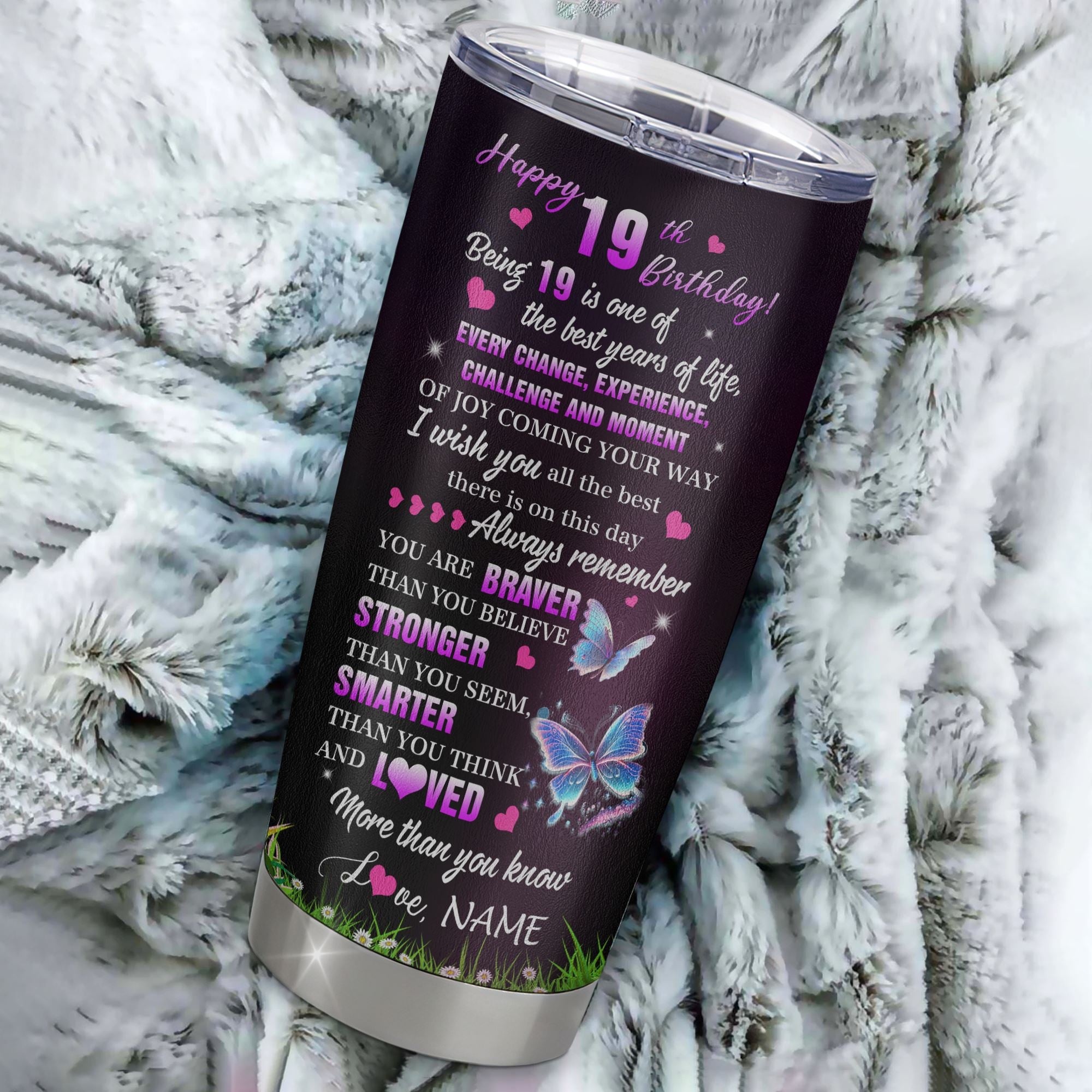 Personalized Happy 19th Birthday Decorations Tumbler Butterfly Sweet Twenty Sweet 19 Gifts For Girls Teen Birthday 19 Year Old Custom Stainless Steel Cup Travel Mug | siriusteestore