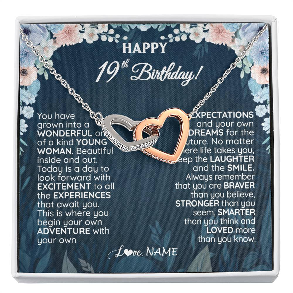 Interlocking Hearts Necklace Stainless Steel & Rose Gold Finish | 1 | Personalized Happy 19th Birthday Gifts Necklace Sweet Fifteen 19th Year Old Girl Birthday Gift Ideas For Her Daughter Niece Jewelry Gift Box Message Card | siriusteestore