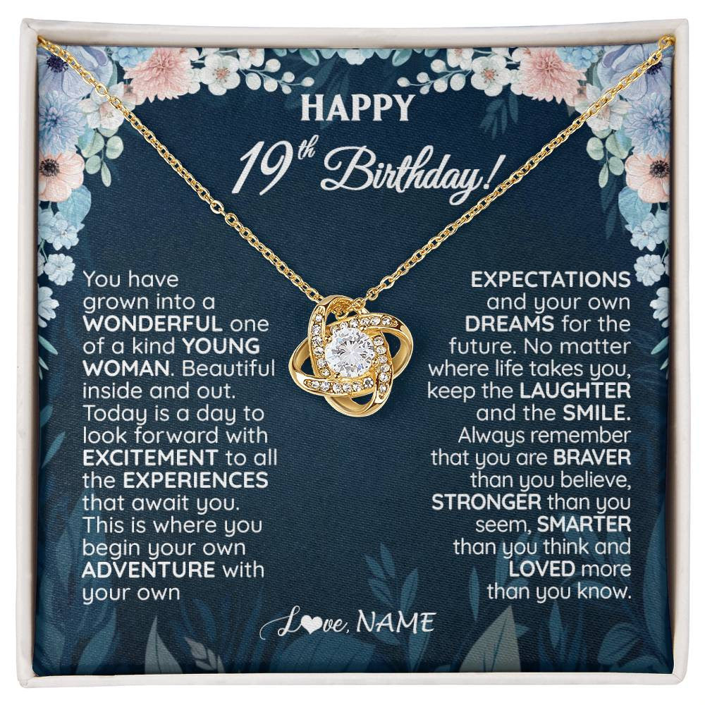 Love Knot Necklace 18K Yellow Gold Finish | 1 | Personalized Happy 19th Birthday Gifts Necklace Sweet Fifteen 19th Year Old Girl Birthday Gift Ideas For Her Daughter Niece Jewelry Gift Box Message Card | siriusteestore