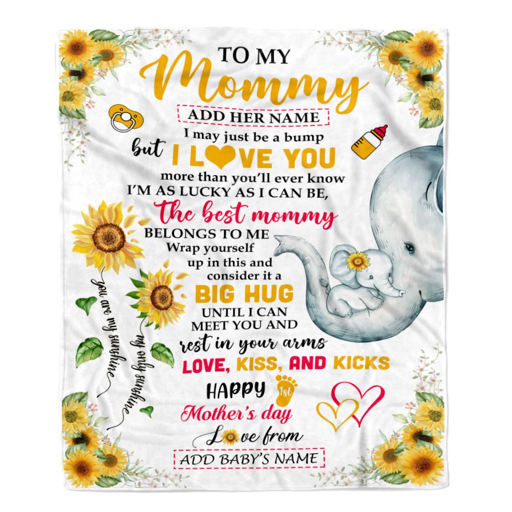 Personalized Happy 1st Mother's Day To My Mommy Blanket From Baby Bump Sunflower Custom Name Elephant Mom And Baby First Time Gifts Customized Fleece Blanket | siriusteestore